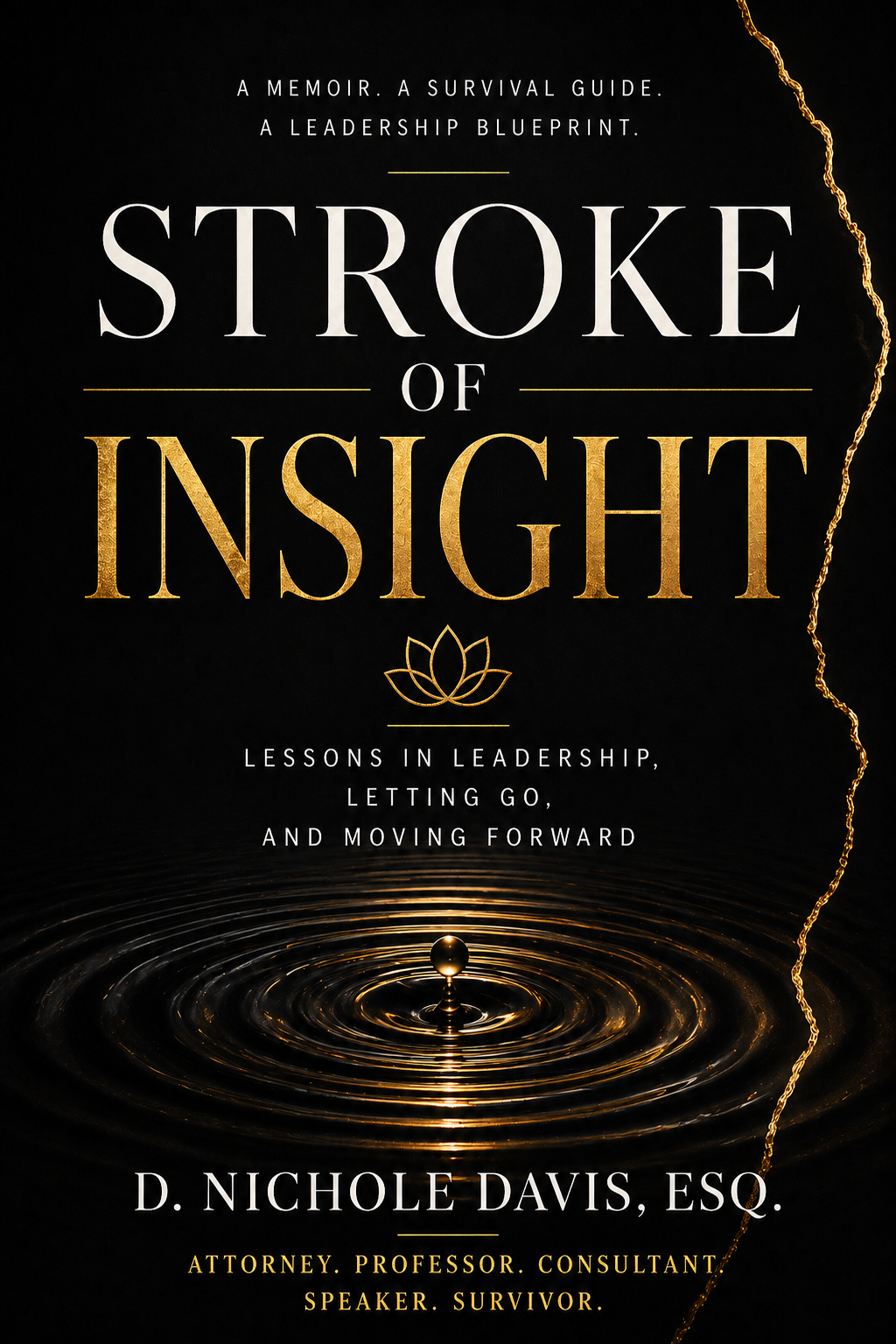 Stroke of Insight — front cover featuring gold fracture, ripple, and lotus motifs